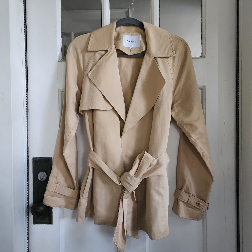 Frame Linen Blend Tan Belted Jacket, Sz XS